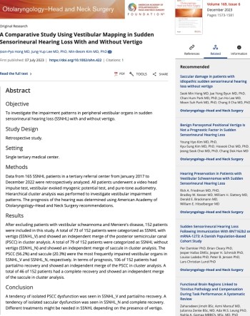A Comparative Study Using Vestibular Mapping in Sudden Sensorineural Hearing Loss With and Without Vertigo（Otolaryngology — Head and Neck Surgery, December 2023, 169(6):1573-1581）の論文ページ